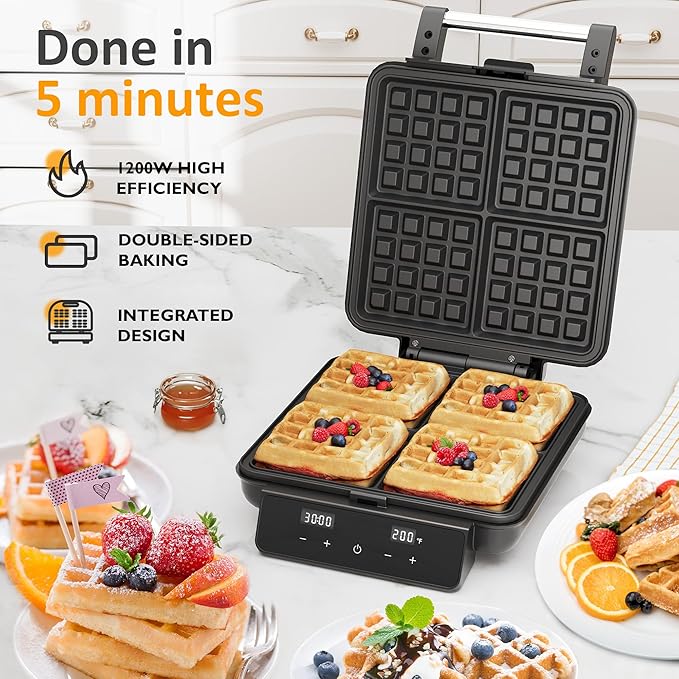 Sunvivi Stainless Steel Waffle Maker 4 Slices with Quick Heat-Up, Time & Temperature Control, LCD Display, Nonstick Surface, Perfect Waffle Iron for Kids and Families, Silver