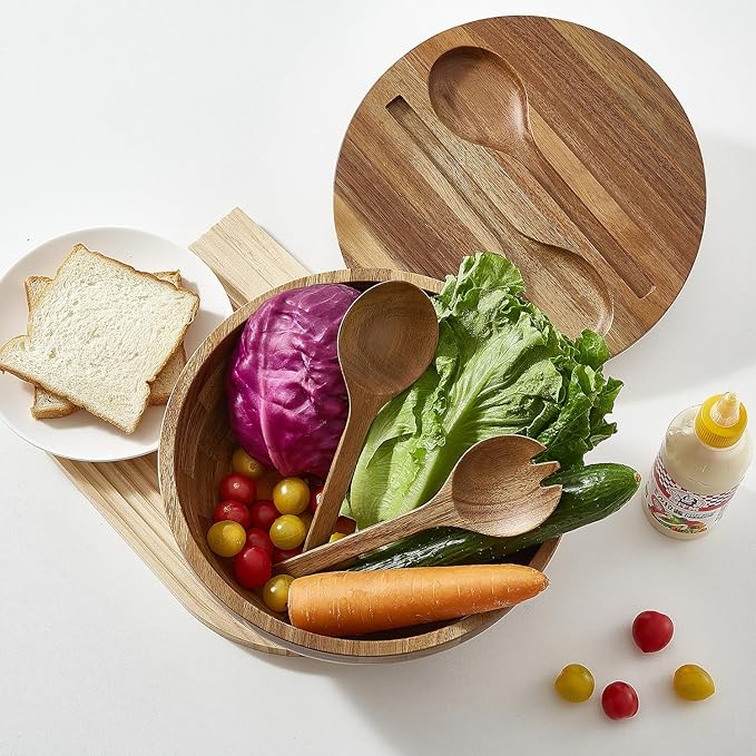 Wooden Salad Bowl, Salad Bowls, Large Salad Bowl with Serving Utensils, Big Mixing Bowl for Fruits, Salad, Cereal, Corn flake, Pasta 11.8" Diameter x 5.34" Height