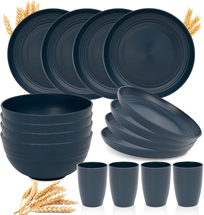 Wheat Straw Dinnerware Sets for 4 - GreenChoice Lightweight & Unbreakable Dishes Microwave & Dishwasher Safe Perfect for Camping, Picnic, RV, Dorm Plates, Cups and Bowls (Blue)