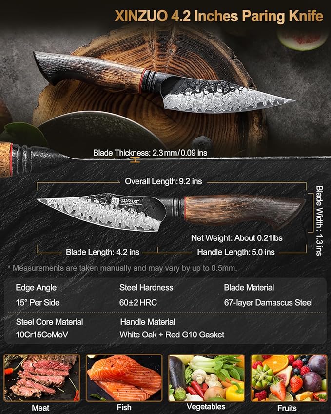 XINZUO Kitchen Paring Knife 4.2 Inch,Razor Sharp Hand Forged Damascus Steel Small Kitchen Knife For Peeling Coring Fruit With Ergonomic Handle