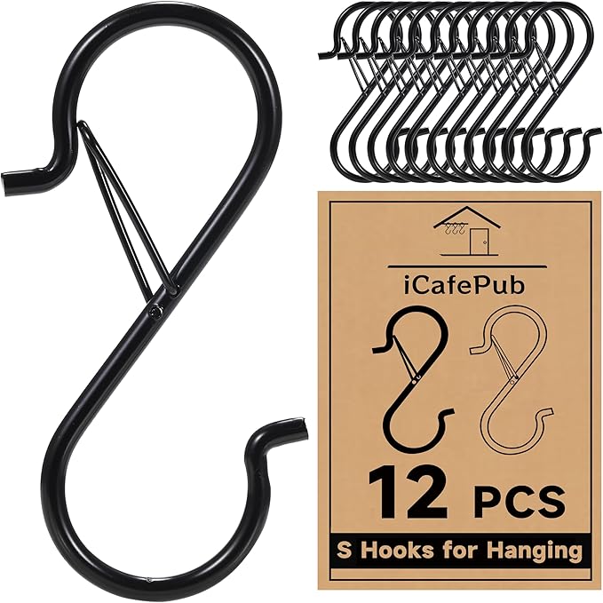 12 PCS S Hooks for Hanging with Safety Buckle, 3.5 inch Heavy Duty Metal S Shaped Hooks for Kitchen Utensil, Cups, Pots, Plants, Bags, Hats (Black)