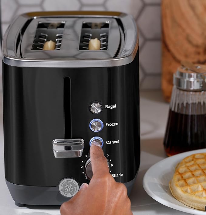 GE 2 Slice Black Stainless Steel Toaster, Extra Wide Slots for Toasting Bagels, Breads, Waffles & More, 7 Adjustable Shade Settings, Removable Crumb Tray, Countertop Kitchen Essentials, 850 Watts
