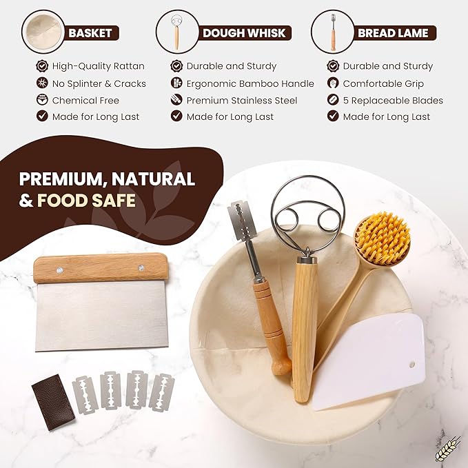 BAKERIA 9" Banneton Proofing Basket Kit (Round) – Sourdough Bread Making Set with Danish Whisk, Bread Lame + 5 Blades, 2 Scrapers, Brush, Linen Liner & Recipe Book – No Starter Culture