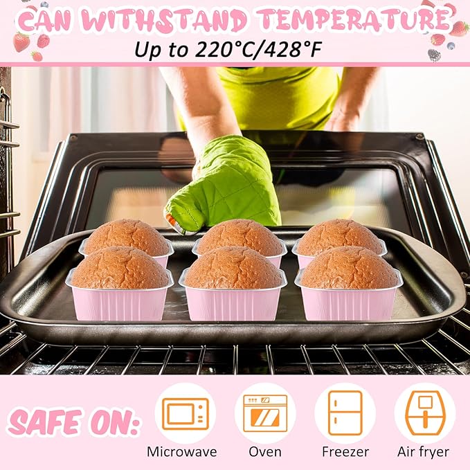 Aoriher 150 Pieces 10 oz Mini Cake Pans with Lids Aluminum Foil Baking Cups Square Disposable 4" x 4" Large Cupcake Cups Baking Tins for Kitchen Brownie Pudding Desserts Holders(Pink)