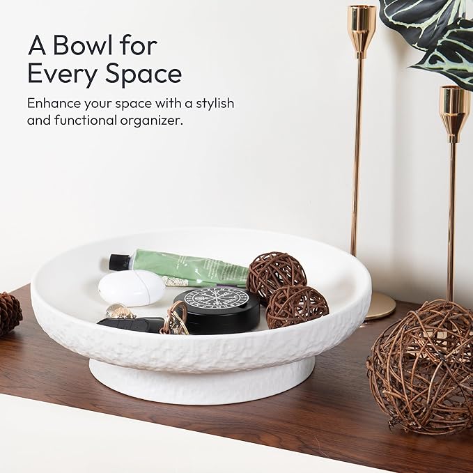 Granite Inspired Matte White Fruit Bowl | Wide, Shallow Textured Pedestal Bowl | 11 Inch Unique Centerpiece for Table or Decor for Entryway Table