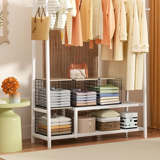 4-Tier Stackable Closet Organizers and Storage Basket, Shelves with Wood Top, Foldable Clothes Storage Bin/Cube Drawer Organizer for Wardrobe, Space-Saving, Closet Organization,Black(Patent Pending) 