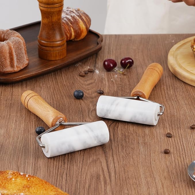 Small Marble Rolling Pin Pizza Roller with Dough Scraper Cutter, Marble Roller Non-Stick T-Type, For Cake Baking Tortilla Fudge Pizza Cookies and Other Kitchen Baking Cooking(White)
