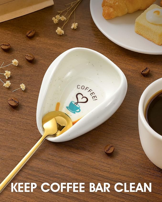FANGSUN Spoon Rest with Gold Coffee Spoon, Ceramic Spoon Holder for Kitchen Counter, Teaspoon Rest for Stove Top, Cute Coffee Bar & Corner Space Accessories