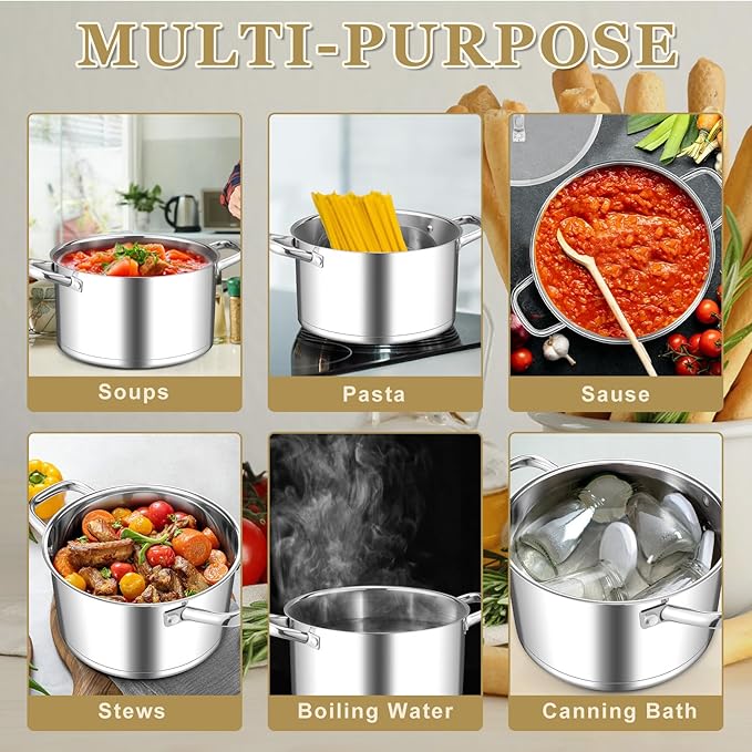 Leonyo Stainless Steel Stock Pot, 8 Quart Stock Pot with Visible Lid, Heavy Duty 3-Ply Induction Cooking Pot for Pasta, Soup, Spaghetti, 18/10 Stainless Steel StockPot for Canning, Boiling, Simmering