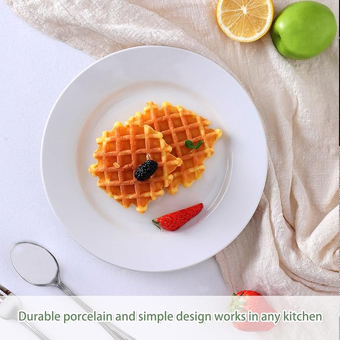 bestone 8 Inch Porcelain White Salad Plates Set, Porcelain Dessert/Salad Plate,Classic Round with Wide Rim, Lead-Free,Dishwasher, Microwave, Freezer, Oven Safe, for Everyday Use-Set of 6