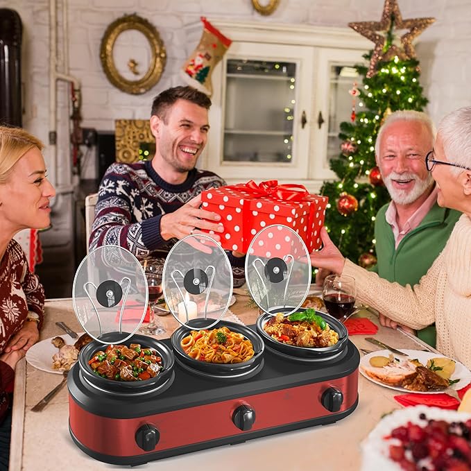Triple Slow Cooker, 3 x 1.5 QT Portable Small Dual Crock Cooker, Buffet Servers and Warmers Dishwasher Safe, Removable Ceramic Pot Glass Lid, Stainless Steel, Red