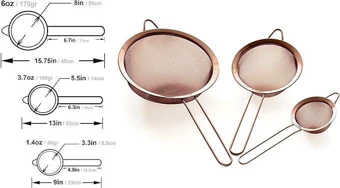 Strainer Set Fine Mesh – Premium 304 Stainless Steel (18/8) – 8″, 5.5″ and 3.3″ Sturdy Kitchen Strainers (Copper)
