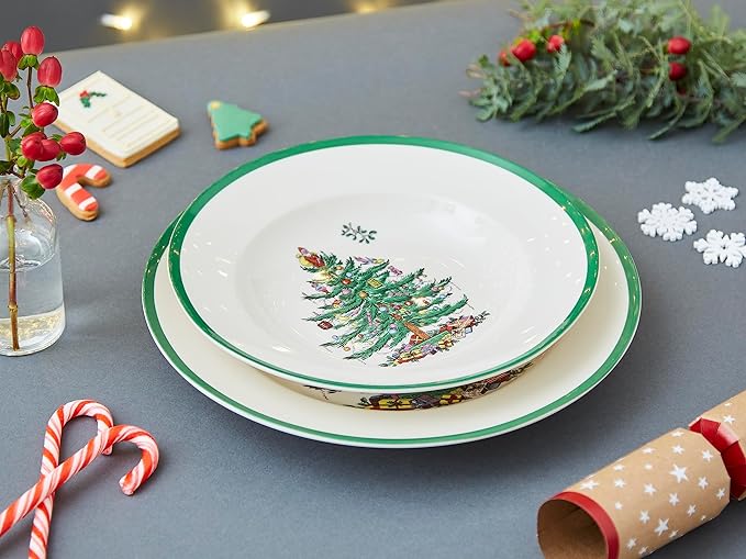 Spode Christmas Tree 9" Soup Plate (Set of 4) - Stoneware Soup Bowls with Festive Tree Design & Green Rim, Ideal for Serving Soup, Pasta, Salad - Microwave & Dishwasher Safe Holiday Dinnerware