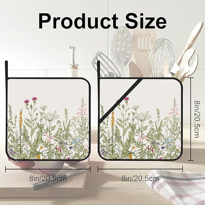 Vintage Wild Flower Pot Holders for Kitchen Heat Resistant Pot Holders Set of 2 Oven Hot Pads Pot Holders for Cooking Baking BBQ Gifts for Women