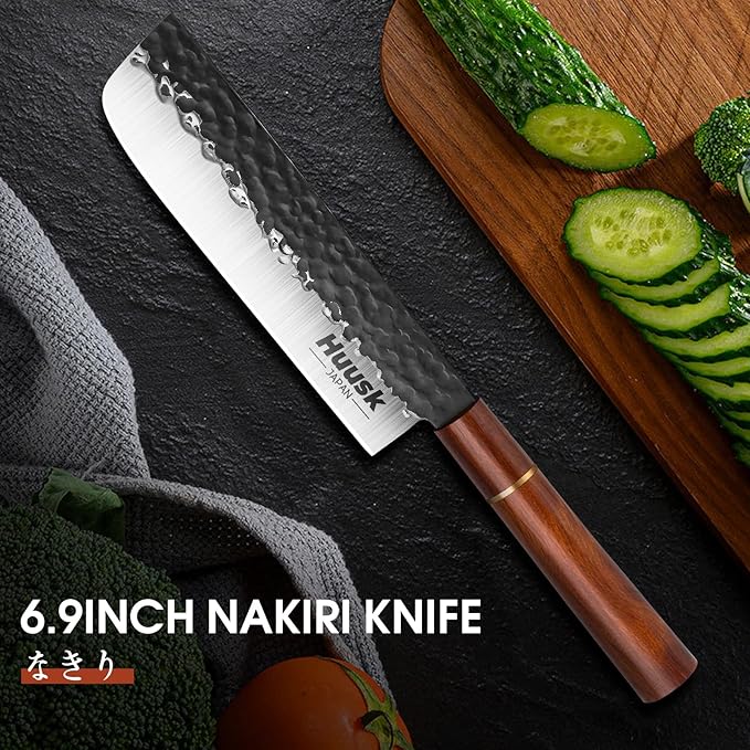 Huusk Japan Knife, Nakiri Knife Japanese Vegetable Knives 7 Inch, Multipurpose Asian Kitchen Chef Knives,Hand Forged High Carbon Steel Sharp Cleaver, Ergonomic Rosewood Handle, Gift Box for Dad