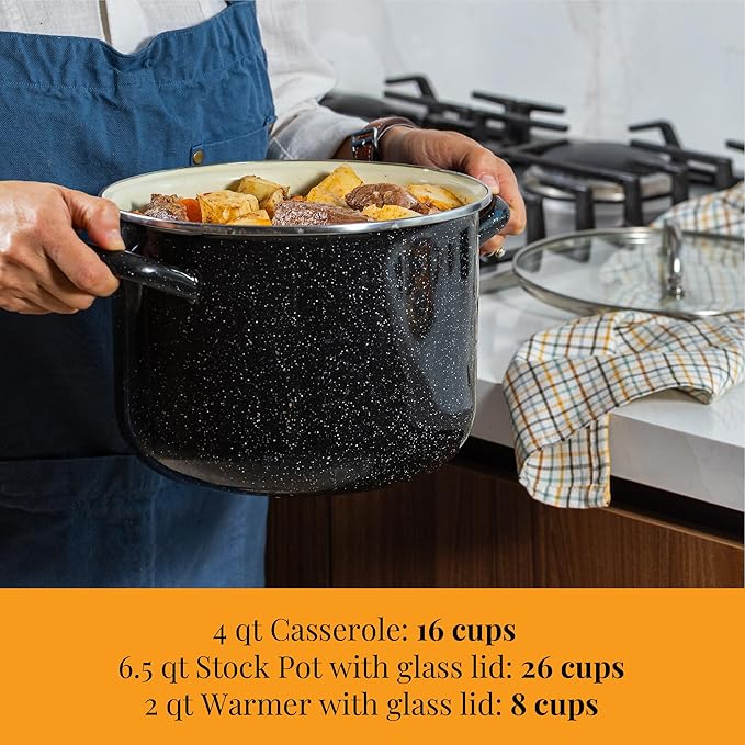 Granite Ware 5-Piece Bicolour Cookware Set, Enameled Steel with Glass Lid, Speckled Black & Cream, Oven Safe to 935°F