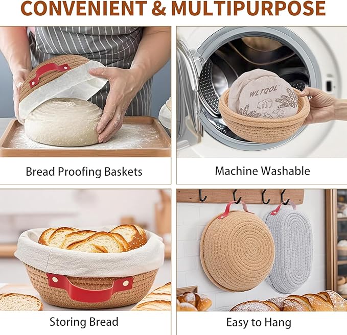Cotton Rope Banneton Bread Proofing Basket Set, Oval & Round Bread Baskets with Liners & Covers for Artisan Bread Baking, Sourdough Bread Baking Supplies