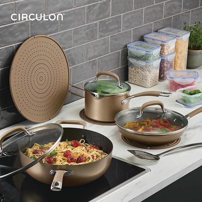 Circulon A1 Series with ScratchDefense Technology Nonstick Induction Pots and Pans, Metal Utensil Safe, Includes Splatter Guard, Slotted Turner and Silicone Trivets, 10 Piece Cookware Set - Champagne