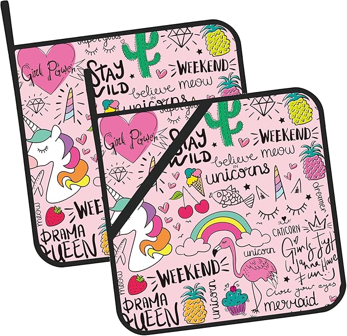 Pink Flamingo Unicorn Pot Holders Set of 2 Heat Resistant & Non Slip Potholders, Cute Drawing Oven Hot Pads for Kitchen Cooking Baking Barbecue