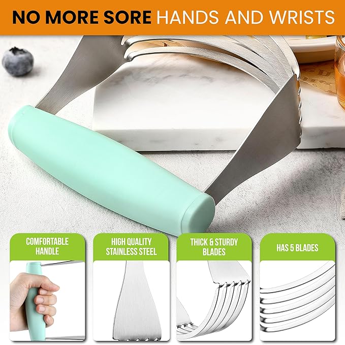 Spring Chef XL Dough Blender For Baking, Heavy Duty Manual Dough Mixer, Stainless Steel Pastry Cutter with Sharp Blades, Pastry Blender for Easy Mixing, Dishwasher Safe - Mint