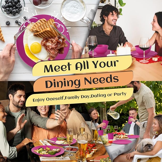 Homienly 40-Piece Kitchen Plastic Wheat Straw Dinnerware Set, Dish Set for 8, Dinner Plates, Dessert Plate, Cereal Bowls, Cups, Appetizer Plates,Unbreakable Plastic Outdoor Camping Dishes,Pink