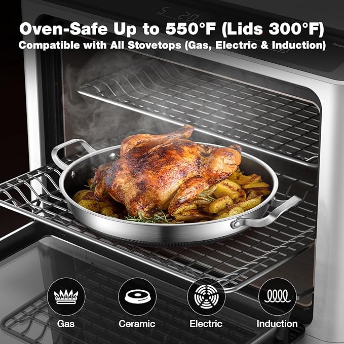 14 Inch Paella Pan with Lid, Ceramic Nonstick & Stainless Steel Induction Ready, 12-Serving Large Skillet, Oven Safe 550°F for Paella, Searing, Frying (Family Gathering & Outdoor Cooking)