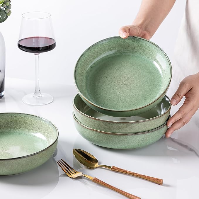 GBHOME 9'' Large Ceramic Pasta Bowls, 38oz Stoneware Pasta Serving Bowls Set of 4 for Kitchen, Wide Bowls for Fruit,Pasta,Salad,Oatmeal,Meal, Microwave Safe, Reactive Glaze-Pastel Green