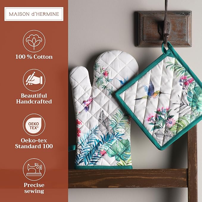Maison d' Hermine 100% Cotton Oven Mitt & Pot Holder Set (7.5"x13" & 8"x8") Heat Resistant BBQ Cooking Gloves with Loop, Baking, Grilling, Kitchen, Handling Hot Pans Spring/Summer (Tropiques)