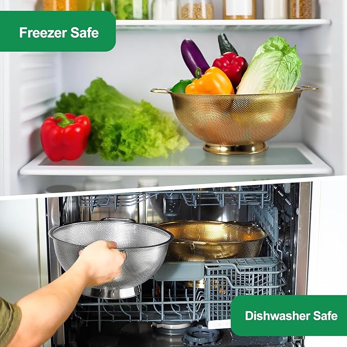 3PCS Three Colors Mix Colander Set, 3QT Black & 4QT Silver & 5QT Gold, Stainless Steel Pasta Strainer with Handle for Prepping Washing Draining Storing Food, Dishwasher Safe