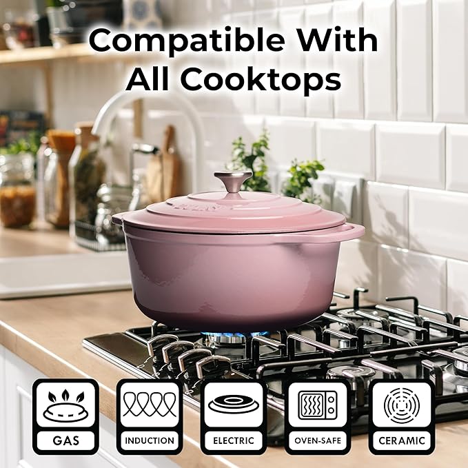 Zulay Kitchen 7.7 Quart Enameled Cast Iron Dutch Oven with Lid, Silicone Trivet & Heat Pad – Premium Durability & Oven Safe up to 500°F – Heavy Duty Cookware Perfect for Bread Baking, Stews, Braising & Roasting – Pink