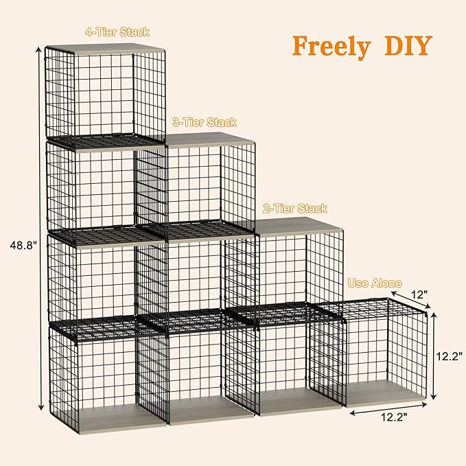 4-Tier Stackable Closet Organizers and Storage Basket, Shelves with Wood Top, Foldable Clothes Storage Bin/Cube Drawer Organizer for Wardrobe, Space-Saving, Closet Organization,Black(Patent Pending) 