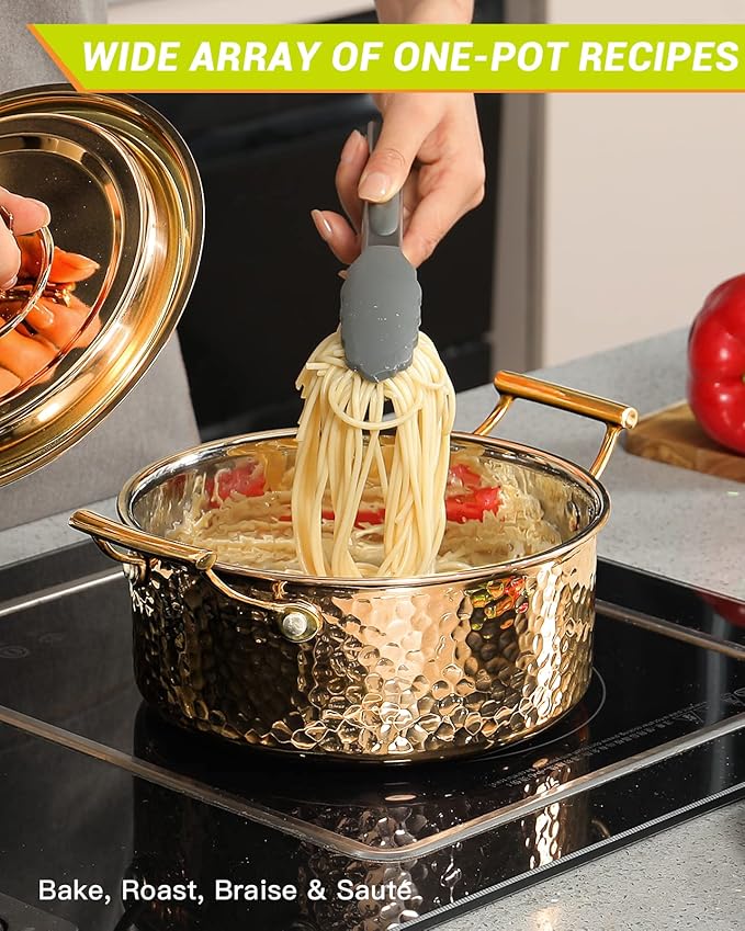 DAEDALUS 2QT Stainless Steel Stock Pot with Lid 3 Triply Clad Hammered Copper Pot, Nonstick Boiling Cookware for Home Kitchen Restaurant, Dishwasher Oven Safe Rose Gold