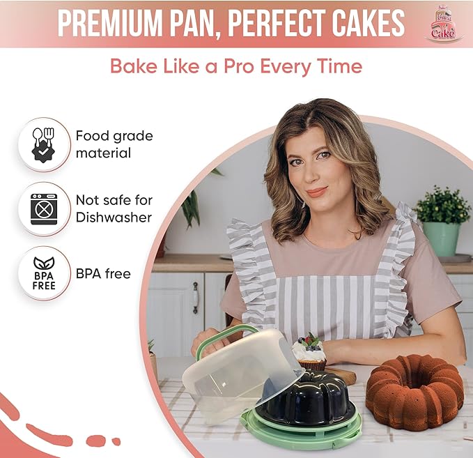 10 inch Bundte Cake Pan Nonstick with 12in Cake Carrier for Easy Transportation - Premium Fluted Cake Pans For Oven, Cake Mold, Moldes para Gelatinas