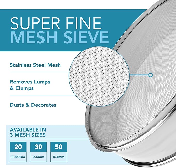 Stainless Steel Flour Sifter Fine Mesh Round Flour Sieve for Baking 8" Diameter x 2.5" High; Mesh-Hole Size 0.3mm