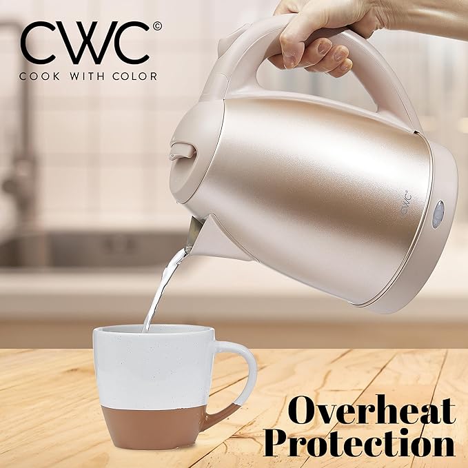 COOK WITH COLOR Electric Kettle - Rapid Boil, Sleek Design, and Safety Features - Great for Quick and Easy, Stainless Steel Blush, 1.7 Liters