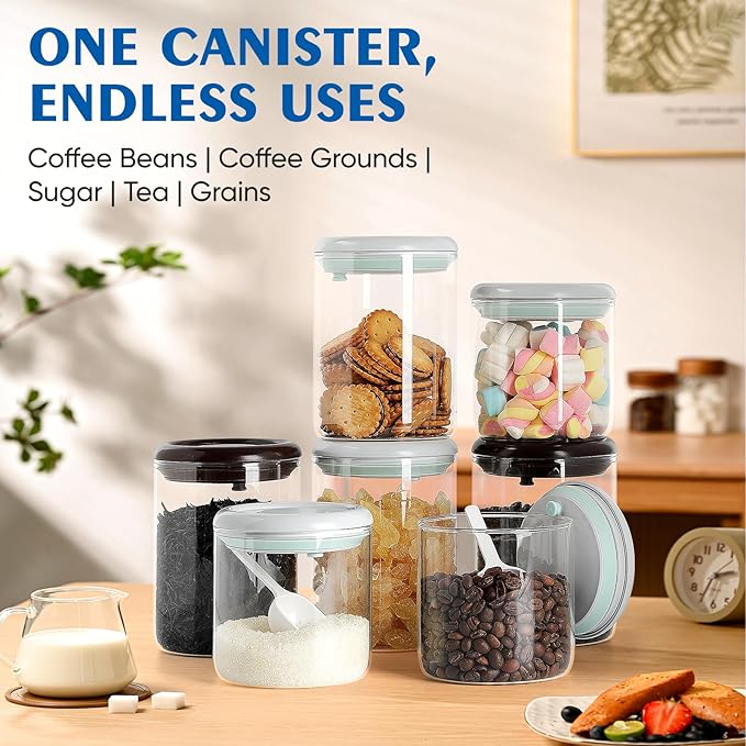 Coffee Container - Kitchen Food Storage Container with One-Way CO2 Valve, Press-on Lid Glass Coffee Canister with Scoop UV Protection for Grounds, Beans, 11 oz Grey