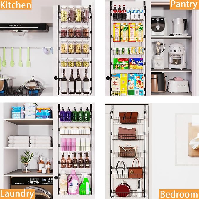 5-Tier Over The Door Pantry Organizers, Pantry Door Organizer and Storage with Adjustable Baskets,Heavy-Duty Metal Spice Rack,essential kitchen and home Shelves(Black)