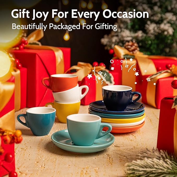 Sweese Espresso Cups with Saucers, 4 Ounce Demitasse Cups, Perfect for Single or Double Espresso, Cappuccino, Latte and Tea - Set of 6, Multicolor, Hot Assorted Colors