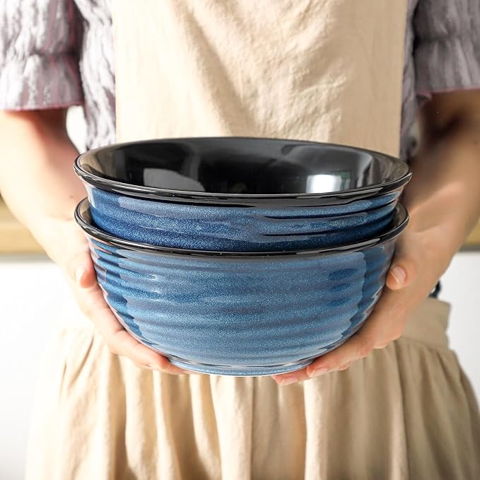 MEKY 65oz Ceramic Mixing Bowls Set of 2, Deep Large Ribbed Serving Bowls for Salad, Pasta, Ramen, Soup, Durable Kitchen Bowl Set, Microwave Oven Dishwasher Safe Porcelain,Blue
