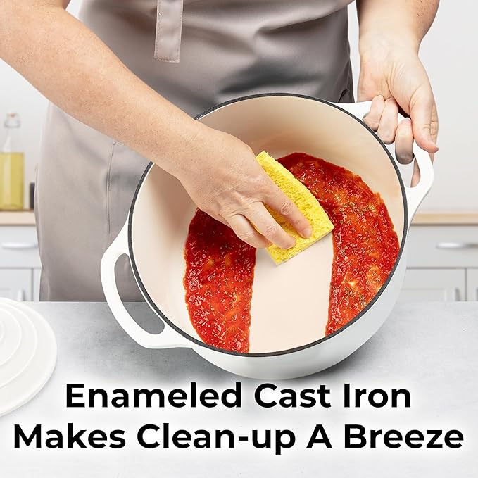 Zulay Kitchen 7.7 Quart Enameled Cast Iron Dutch Oven with Lid, Silicone Trivet & Heat Pad – Premium Durability & Oven Safe up to 500°F – Heavy Duty Cookware Perfect for Bread Baking, Stews, Braising & Roasting – White