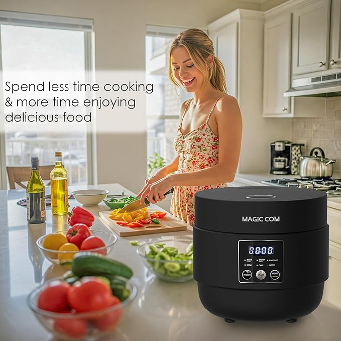 MAGiC COM Rice Cooker 4 Cup(Uncooked) 8 Cup(Cooked), Small Rice Cooker with Steamer, One Touch Healthy Cooking & Warmer, Slow Cooker with Nonstick Inner Pot, 24 Hour Delay Timer, Grain Cooker/Black