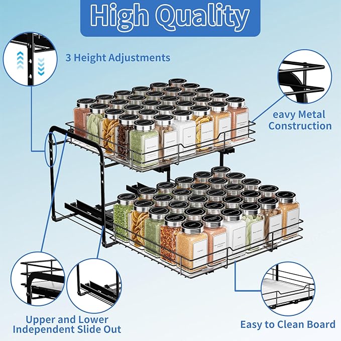 2-Tier Pull Out Spice Rack, Spice Rack Organizer, Pull Out Spice Racks for Inside Cabinets, Height Adjustable Heavy Duty Metal Basket for Inside Cabinet & Pantry (13.5''Wx10.5''Dx9.5''H)
