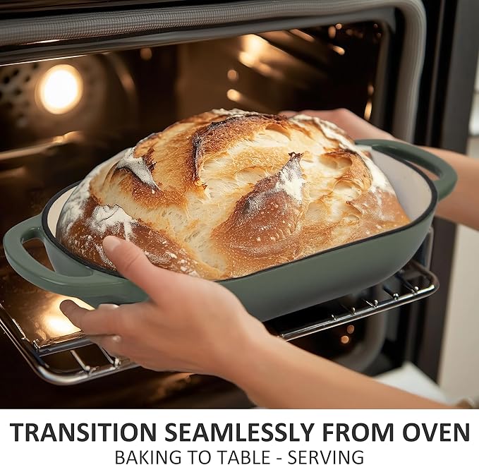 Premium Enameled Cast Iron Dutch Oven for Bread Baking | Non-Stick 5QT Oval Bread Oven with Lid | Perfect for Sourdough, Loaf, and Artisan Baking (Green, 5 QT)