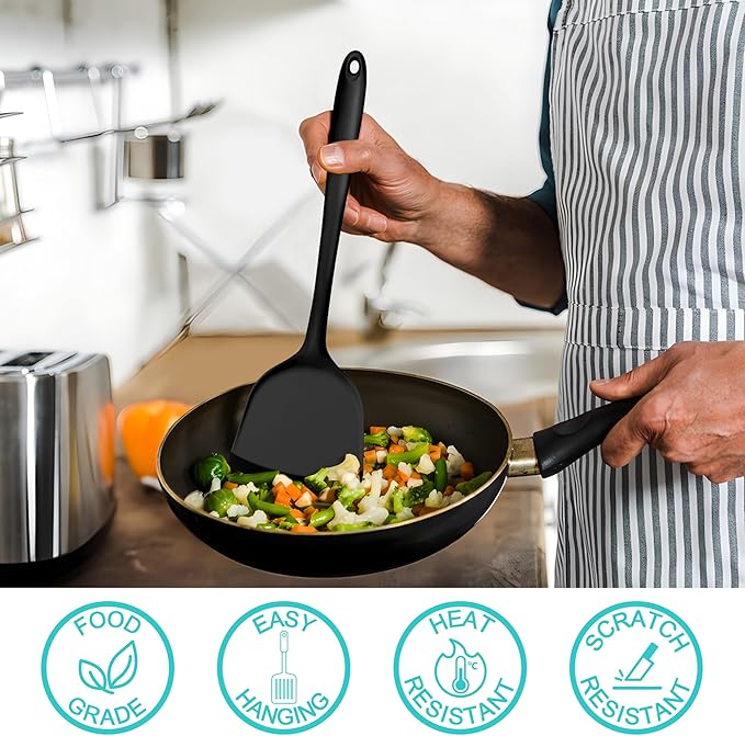 E-far Silicone Cooking Utensils Set, 25 Piece Kitchen Utensils with Holder, Non Toxic Kitchen Tools Spatula, Turner, Spoon, Ladle for Nonstick Cookware, Heat Resistant & Dishwasher Safe - Black