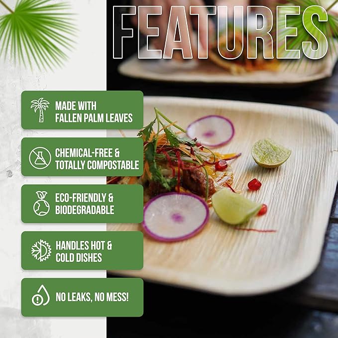 Palm Leaf Plates 10 Inch & 7 Inch (50-Pack), Square Bamboo Plates Disposable, Heavy Duty Compostable & Biodegradable Wooden Plates For Party, Catering Events, Weddings, & Dinnerware