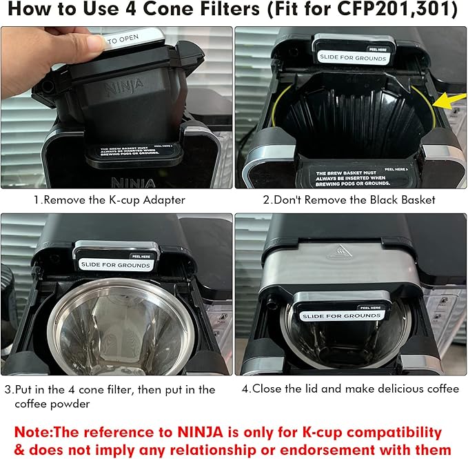 Stainless Steel Reusable Coffee Filter Compatible with Ninja Coffee Maker, 4 Cone Coffee Filters Coffee Basket, Permanent Coffee filters fit for Ninja CFP201 CFP300