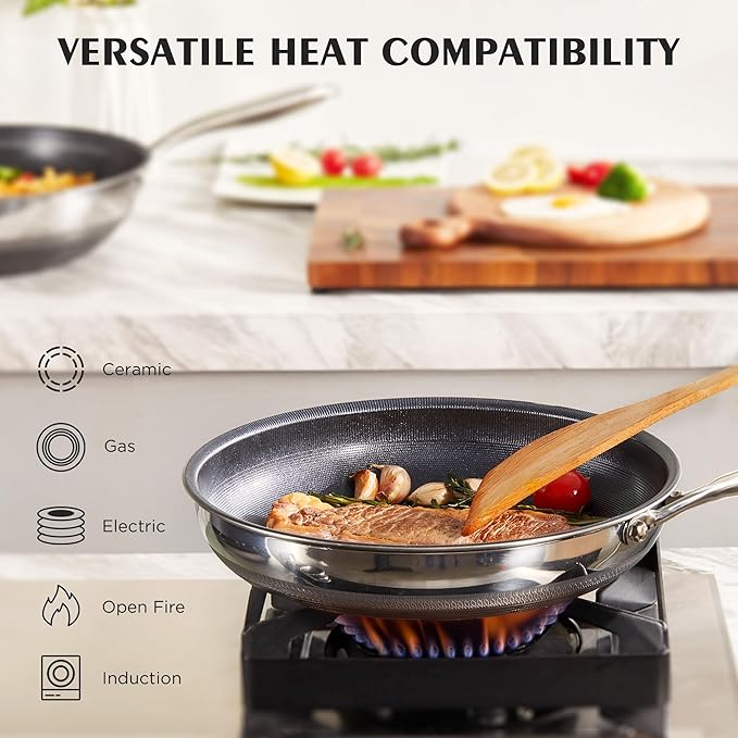 KITEXPERT Non Stick Frying Pans with Lid, 8" Titanium Ceramic Pan Nonstick Stainless Steel Skillet, PFAS PFOA & PTFE Free, Quick-Cool Handle, Dishwasher & Oven Safe, Compatible with All Cooktops