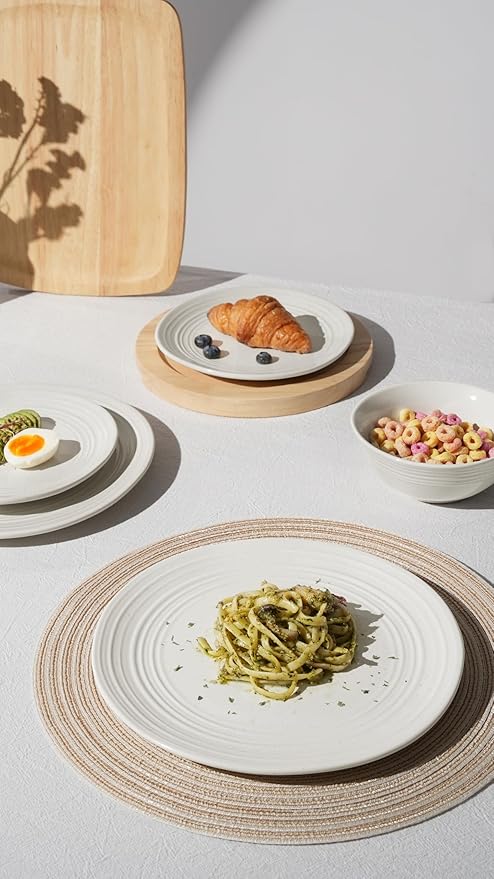 Famiware Plates and Bowls Sets 12-Piece Stoneware Dinnerware Sets, Dishes Set for 4, Speckled Hand-made Reactive Glaze Dish Set, Twilight Series, White