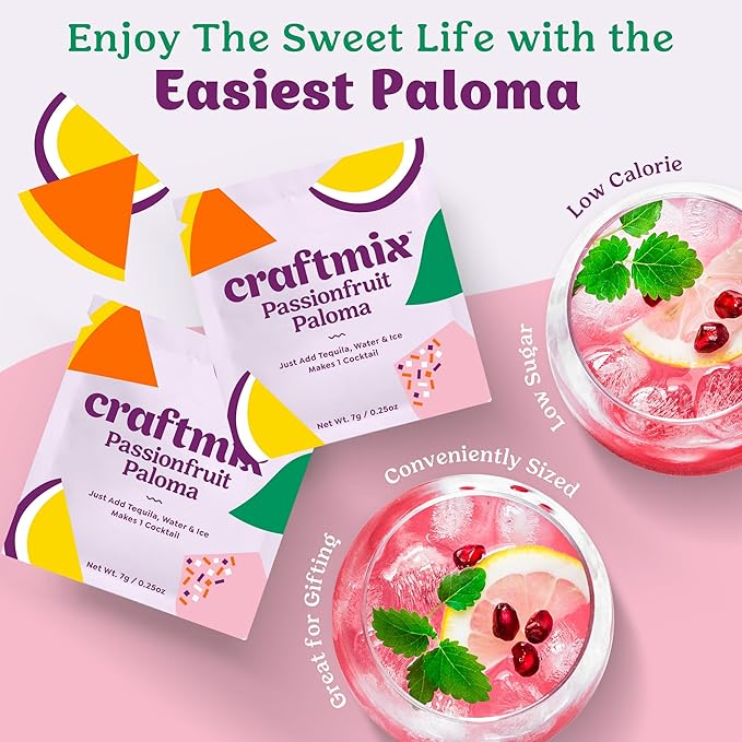 Craftmix Passionfruit Paloma, Makes 12 Drinks, Tequila Cocktail Mixers, Instant Skinny Cocktail and Mocktail Mix - With Real Fruit - Vegan Low Carb, Low Sugar, Non-GMO, Gluten Free, Easy to Mix