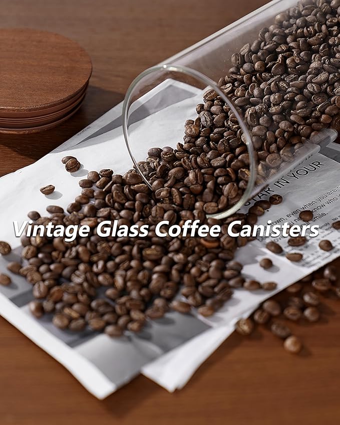 50 oz Coffee Canister with Scoop and Wooden Lids, Airtight Glass Coffee Jars Set of 2 for Ground Coffee, Coffee Beans Storage Container with Lids for Kitchen Brown Sugar, Coffee Bar